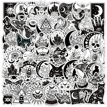 10/50PCS Black White Gothic Magic Witch Cartoon Stickers Halloween Tarot Goth Decals DIY Phone Laptop Luggage Skateboard Sticker (ONLINE ORDER ONLY)