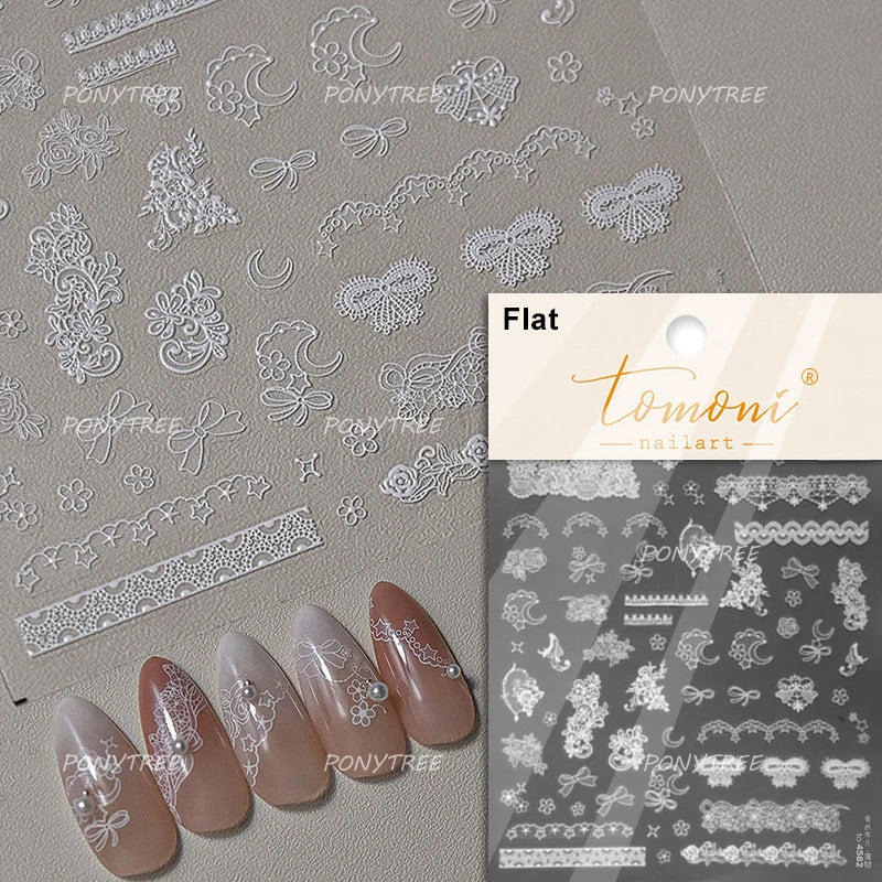 Cute 3D White Rose Flower Lace Bud Silk Bowknot Butterfly Dreamy Shiny Relief Chic Self Adhesive Nail Art Sticker Manicure Decal (ONLINE ORDER ONLY)