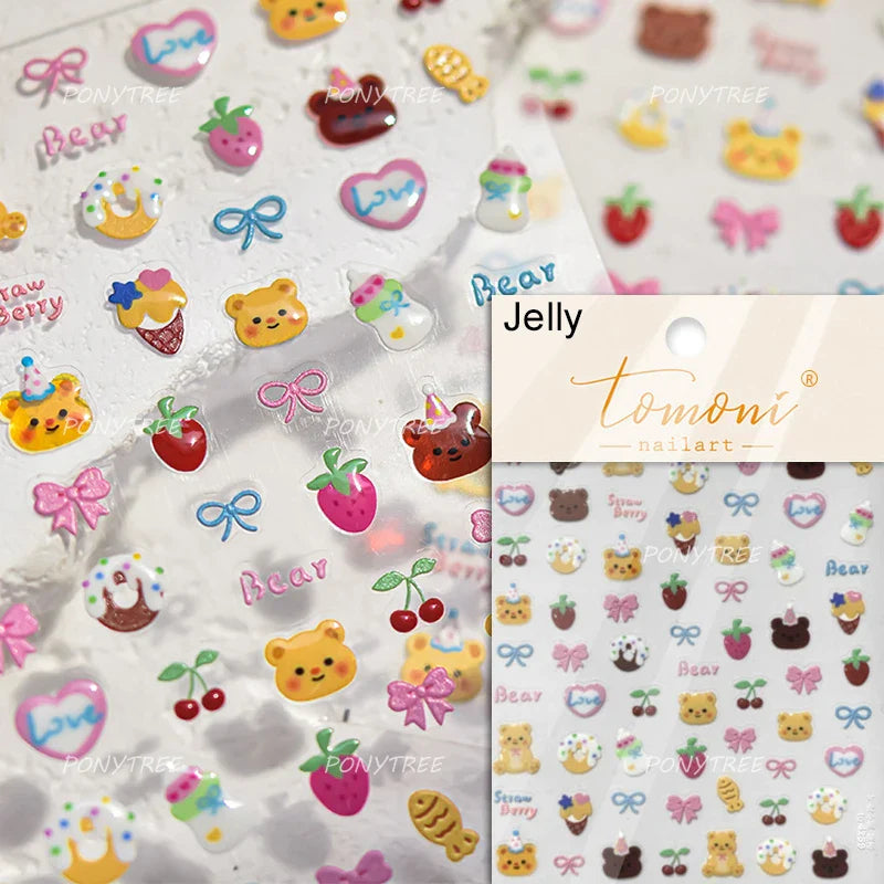Lovely Bear Strawberry Cake Rose Flower Grid Block Bowknot Embossed Relief Self Adhesive Nail Art Sticker Cute 3D Manicure Decal (ONLINE ORDER ONLY)