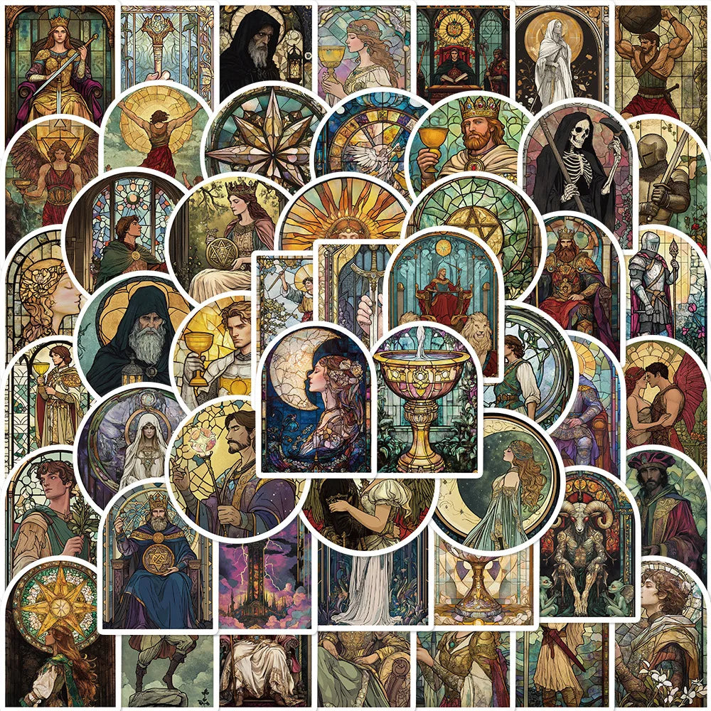 50Pcs Retro Stained Glass Tarot Stickers for Helmet, Wall, DIY Decor (Online Order Only)