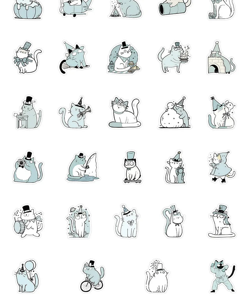 10/30/54PCS Cat Wearing a Hat Stickers Cute Cartoon Graffiti Kawaii Cat Sticker DIY Animal Decals Luggage Laptop Phone Guitar (Online Order Only)