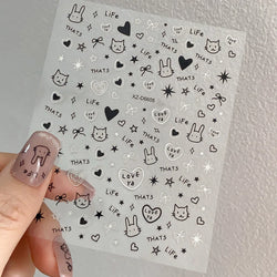 1Pc 3D Cute Black Silver Smile Dog Decals Y2K Cartoon Cat Footprint Nail Stickers Graffiti Star Heart DIY Manicure Slider Decor* (ONLINE ORDER ONLY)