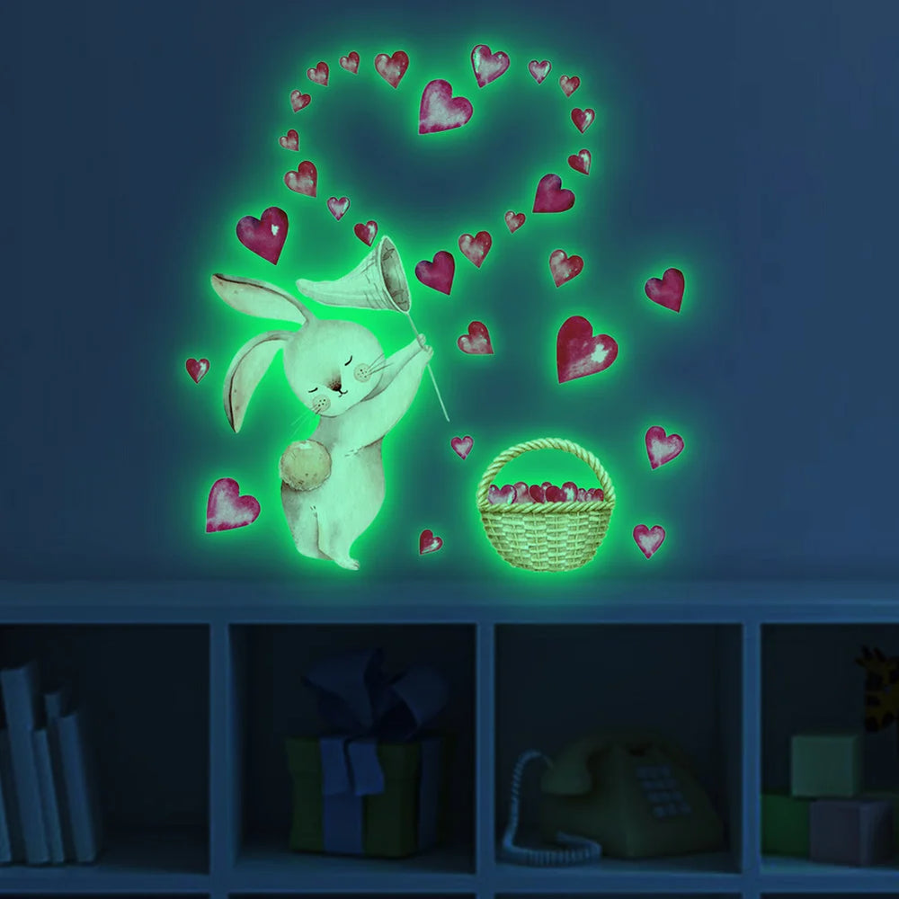 Glow-in-the-Dark Rabbit Heart Wall Stickers for Kids Room Decor (ONLINE ORDER ONLY)