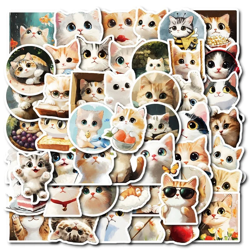 10/30/50PCS Kawaii Oil Painting Cat Sticky PVC Sticker Aesthetic DIY Decoration Scrapbooking Hand Accounting Supplies for Kids (ONLINE ORDER ONLY)