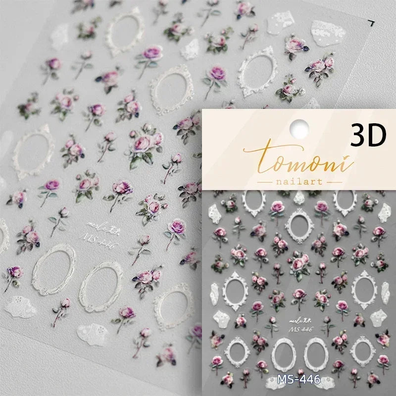 Chic Retro Rose Photo Frame Dried Flower Petal Self Adhesive Nail Art Stickers 5D Hot Stamping Relief Rhinestone Manicure Decals (Online Order Only)
