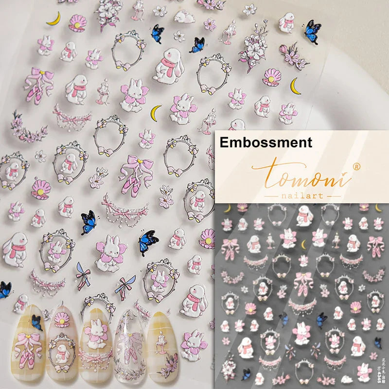 Pink Running Rabbit Bowknot Wreath Bunny Flower Tie Totem Pattern Self Adhesive Nail Art Sticker Pearl Rhinestone Manicure Decal (Online Order Only)