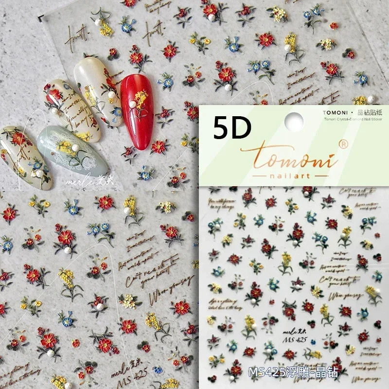 Pale Flower Bouquet Label Bowknot Stationery Sunflower Daisy Leaf 3D Self Adhesive Nail Art Stickers Rhinestone Manicure Decals (Online Order Only)