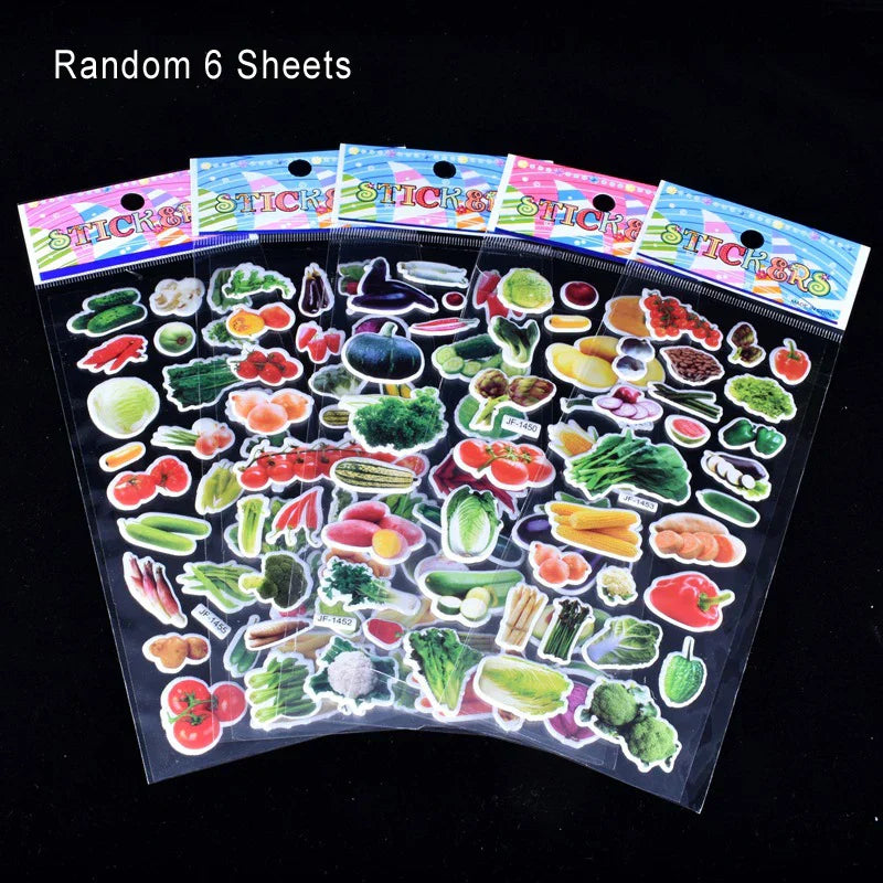 6 Sheets 3D Puffy Kids Stickers - Cartoon, Fruit, Vegetable - Birthday Gift, Scrapbooking (ONLINE ORDER ONLY)