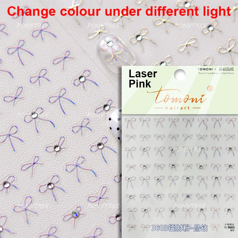 Shiny Pink Silver Gold Bowknot Tie Line Mini Delicate 3D 5D Self Adhesive Nail Art Stickers Embossment Rhinestone Manicure Decal (Online Order Only)