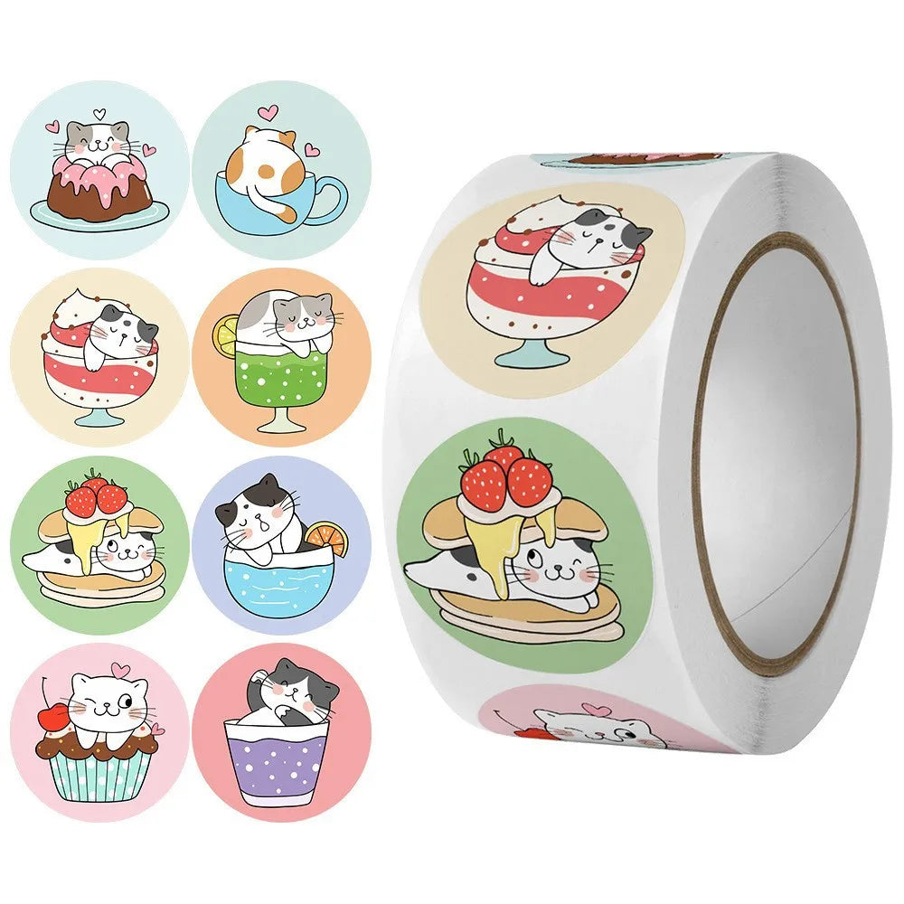 50-500pcs 1inch Round Cute Cartoon Cat Stickers for Kids Teacher Reward Encourage Sticker Office Seal label Animal Toys Label (ONLINE ORDER ONLY)