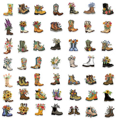 50pcs Vintage Flowers Boots Graffiti Stickers  DIY Scrapbooking  Waterproof Sticker For Laptop Phone Guitar Luggage (Online Order Only)