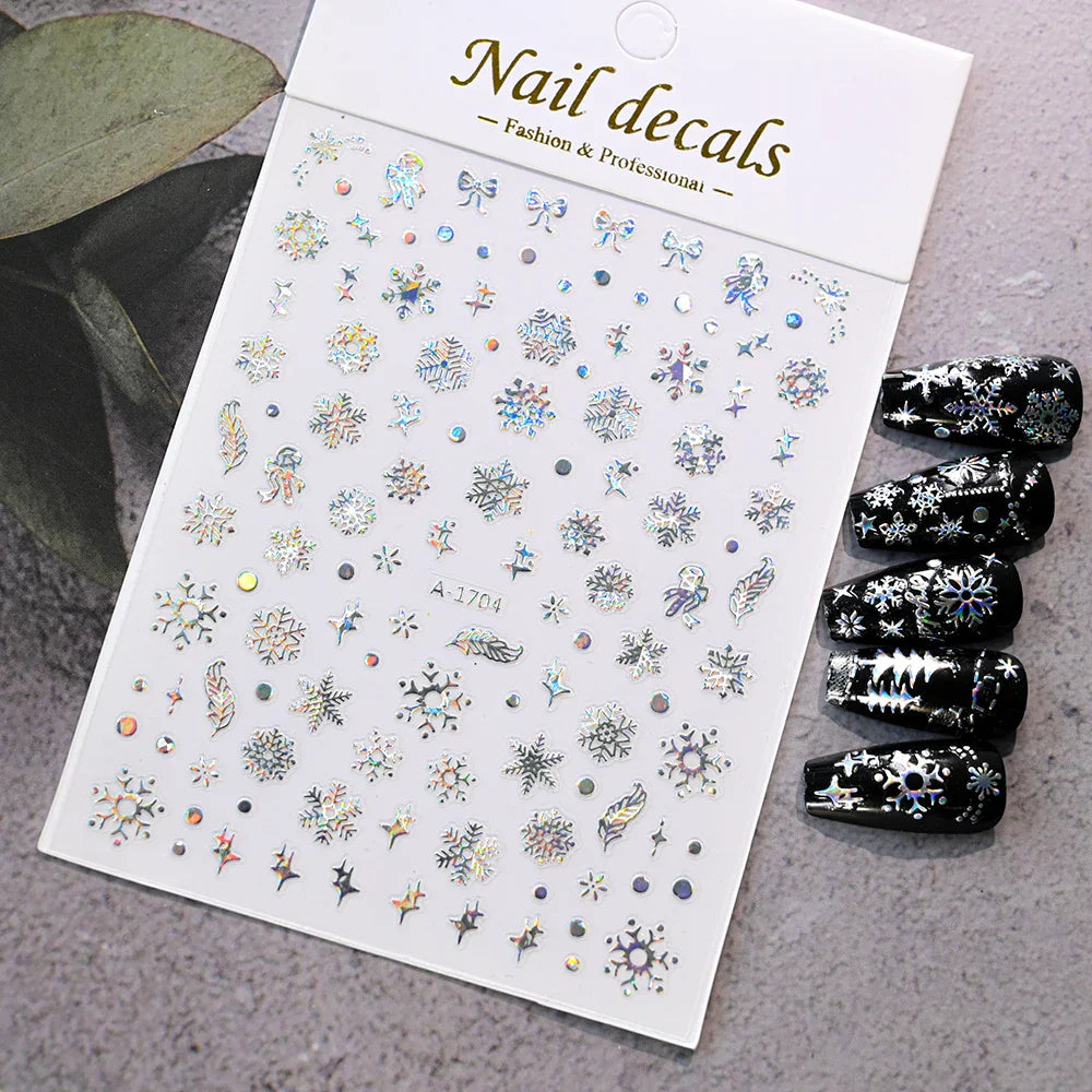 3D Gold Glitter Snowflake Nail Sticker Winter Reflective Elk Star Balloon Christmas Tree Foil Xmas New Year Decal Tips Decoratio (ONLINE ORDER ONLY)