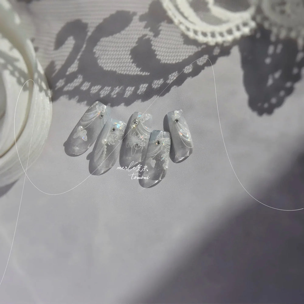 Cute 3D White Rose Flower Lace Bud Silk Bowknot Butterfly Dreamy Shiny Relief Chic Self Adhesive Nail Art Sticker Manicure Decal (ONLINE ORDER ONLY)