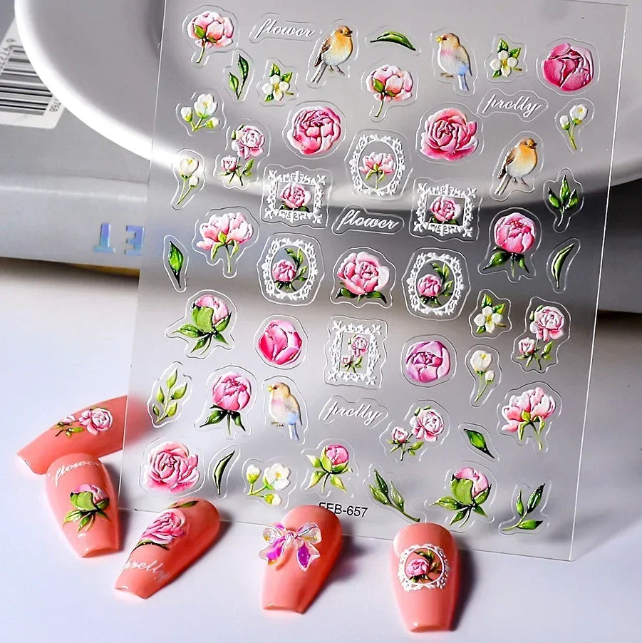 Red Plum Blossom Flower Chinese 3D Self Adhesive Nail Art Decoration Stickers Cheongsam Iris Lily Lotus Vase 5D Manicure Decals (ONLINE ORDER ONLY)