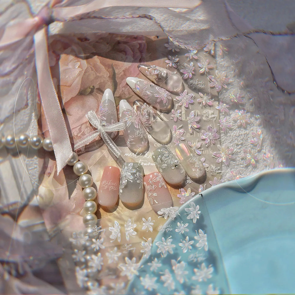 White Pink Flower Dreamy Romantic Petal Jelly Shiny Peach Blossom Polarized Light Delicate Nail Art Stickers 5D Manicure Decals (ONLINE ORDER ONLY)