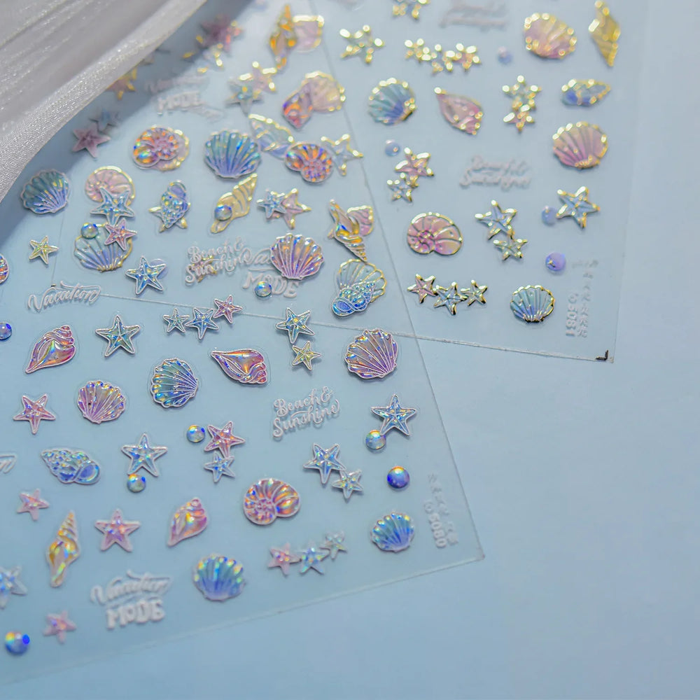 Hot Stamping Laser Shell Conch Starfish Pearl Whale Coral Dolphin Summer Beach Sea Wave Jellyfish Bubble Nail Art Stickers Decal (ONLINE ORDER ONLY)