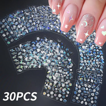 30Pcs Laser Silver/White Flowers Hearts Nail Sticker Star/Moon Mixed Shapes Design Self-adhesive Sticker Acrylic Manicure Access (Online Order Only)