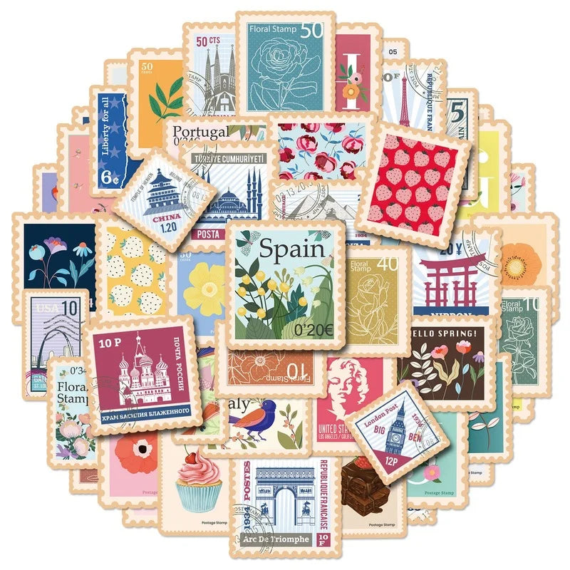 Vintage Stamp Stickers 10/25/50pcs for Scrapbook, Notebook, Phone, Laptop, Luggage, Refrigerator (ONLINE ORDER ONLY)