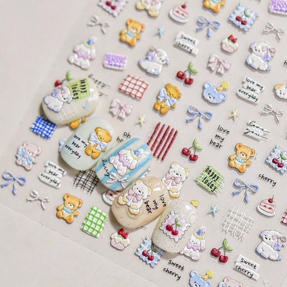 Cute Animals Bear Dog Cake Sweet Cherry Grid Bowknot Star Line Fruit Relief Self Adhesive Nail Art Stickers 3D Manicure Decals (ONLINE ORDER ONLY)
