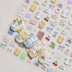 Cute Animals Bear Dog Cake Sweet Cherry Grid Bowknot Star Line Fruit Relief Self Adhesive Nail Art Stickers 3D Manicure Decals (ONLINE ORDER ONLY)