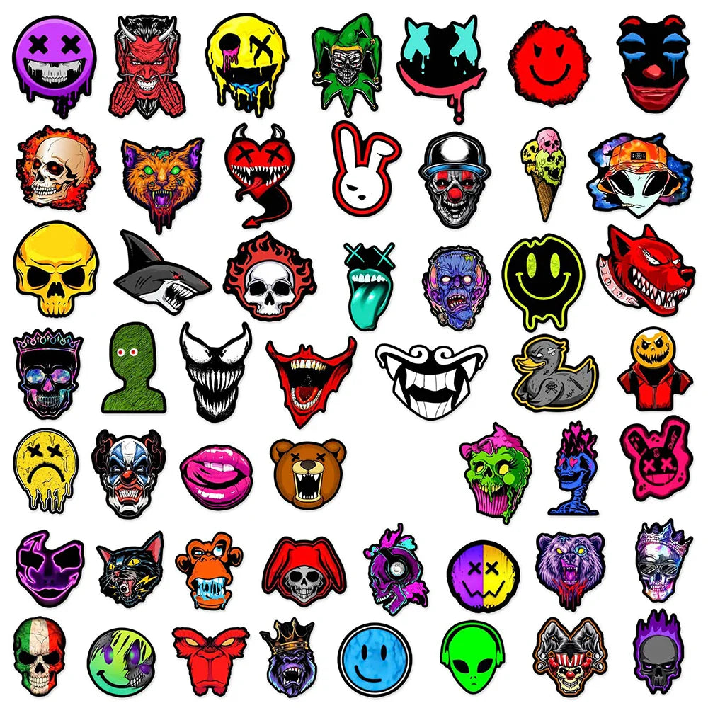 10/30/50/100PCS Horror Gothic Skull Meme Stickers Cool Graffiti DIY Skateboard Luggage Laptop Car Decals PVC Waterproof Kids Toy (ONLINE ORDER ONLY)