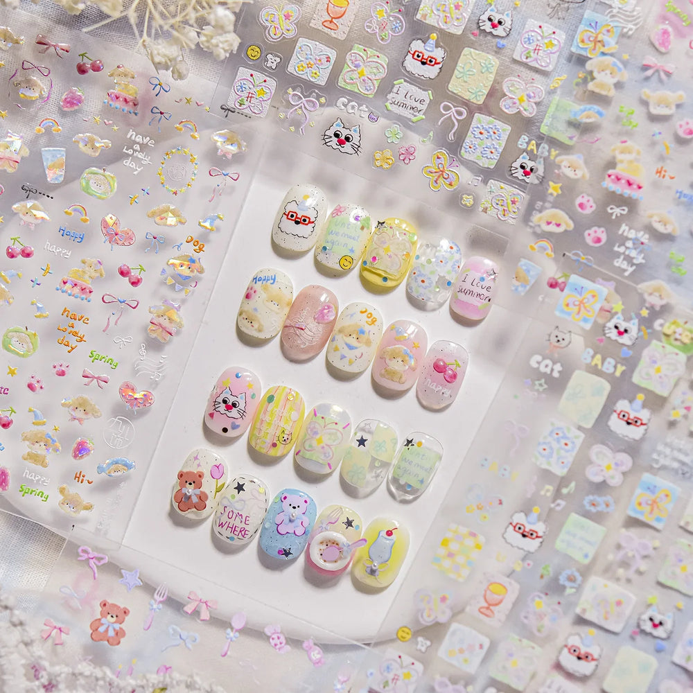 Small Animals Meeting Dog Cat Kitten Bowknot Cherry Butterfly Wreath Paw Star Hat Self Adhesive Nail Art Stickers Manicure Decal (ONLINE ORDER ONLY)