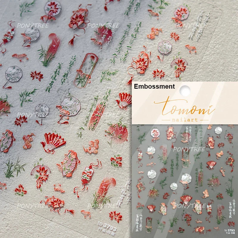 Romantic Pink Peach Blossom Tower Circular Fan Hollowed Window Tassel Pendant Antique Tree Chic Nail Art Stickers Manicure Decal (ONLINE ORDER ONLY)