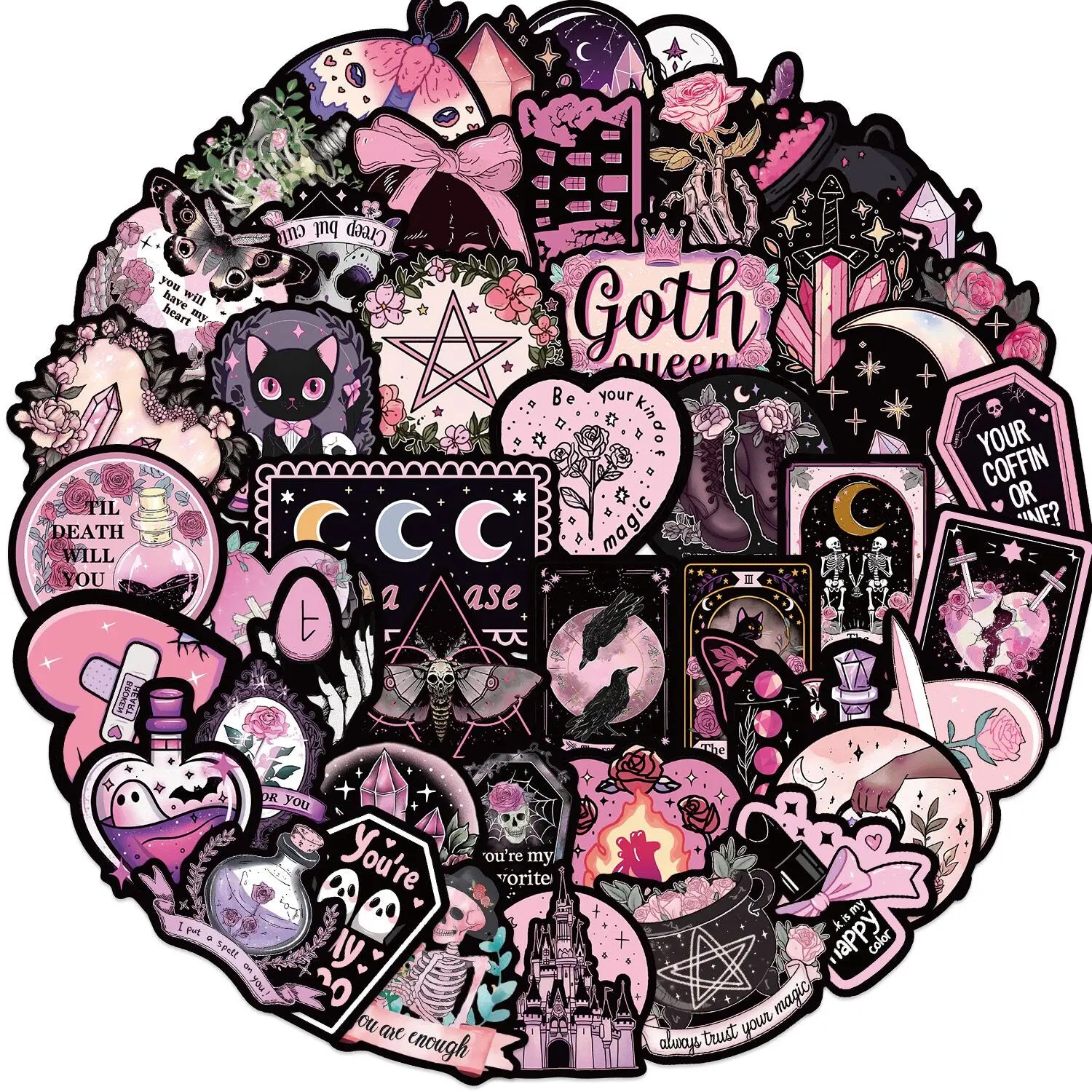 10/50pcs Pink Gothic Magic Dark Horror Skull Cartoon Stickers DIY Phone Laptop Luggage Skateboard Waterproof Graffiti Goth Decal (Online Order Only)