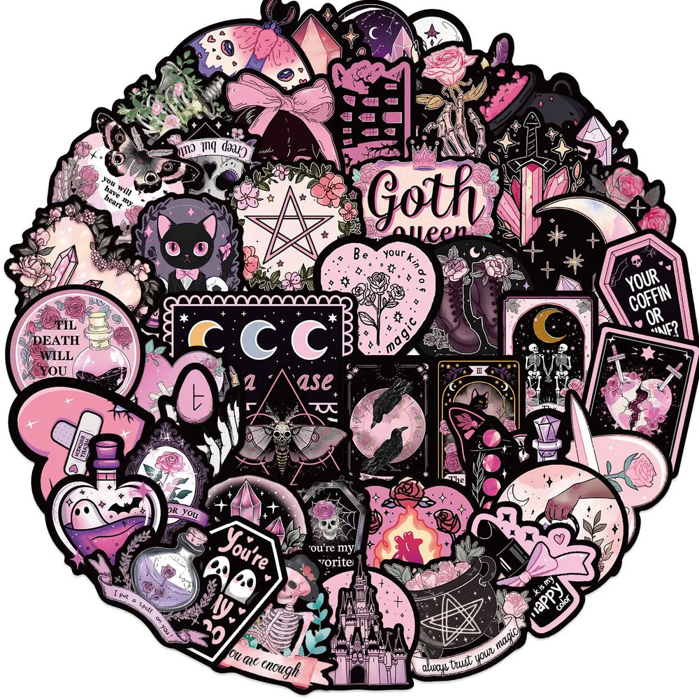 10/50pcs Pink Gothic Magic Dark Horror Skull Cartoon Stickers DIY Phone Laptop Luggage Skateboard Waterproof Graffiti Goth Decal (Online Order Only)