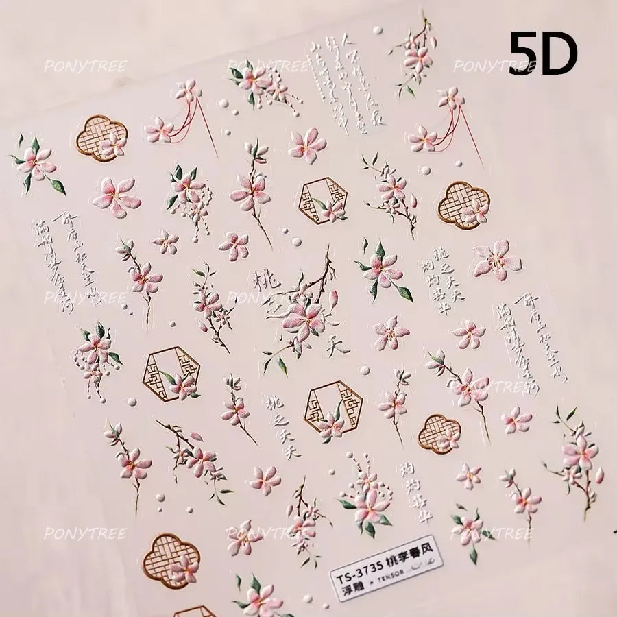 Chic Begonia Flower Miss-grass Pink Gradient Cherry-apple Tree Leaves Peach Blossom Adhesive Nail Art Spring Nail Stickers Decal (ONLINE ORDER ONLY)