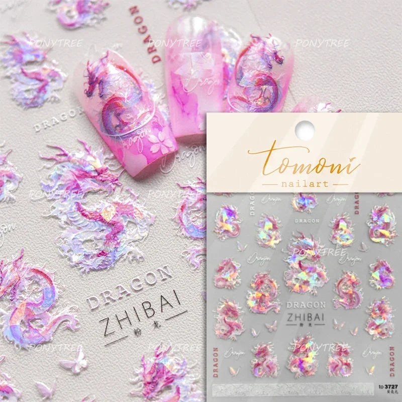 Chinese Dragon Auspicious Beast Mythological Legend Noble Loong Blue Pink Soft Relief Adhesive Nail Art Sticker Manicure Decals (ONLINE ORDER ONLY)