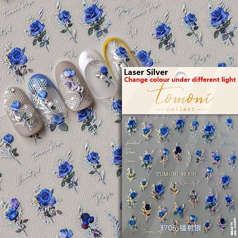 Chic Retro Rose Photo Frame Dried Flower Petal Self Adhesive Nail Art Stickers 5D Hot Stamping Relief Rhinestone Manicure Decals (Online Order Only)