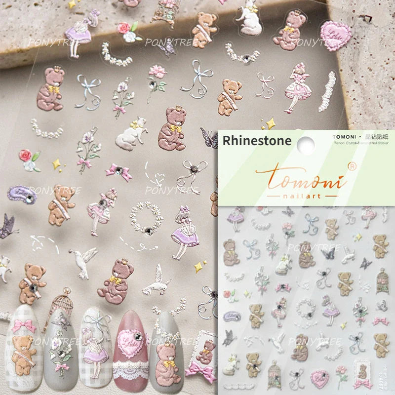 Lovely Bear Strawberry Cake Rose Flower Grid Block Bowknot Embossed Relief Self Adhesive Nail Art Sticker Cute 3D Manicure Decal (ONLINE ORDER ONLY)