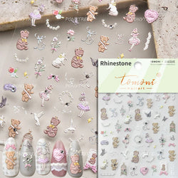 Lovely Bear Strawberry Cake Rose Flower Grid Block Bowknot Embossed Relief Self Adhesive Nail Art Sticker Cute 3D Manicure Decal (ONLINE ORDER ONLY)