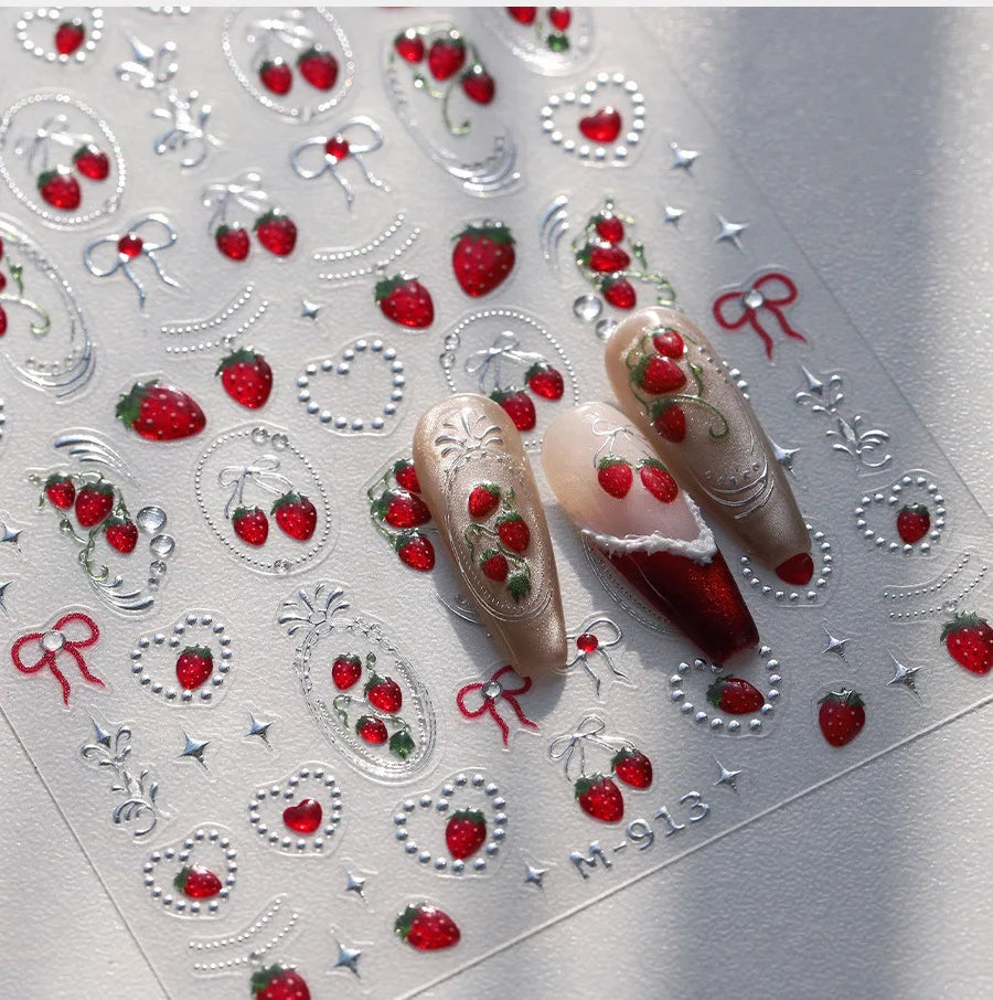 Lovely Red Seductive Strawberry Line Bowknot Love Heart Star Jelly Cherry Delicate Self Adhesive Nail Art Sticker Manicure Decal (ONLINE ORDER ONLY)