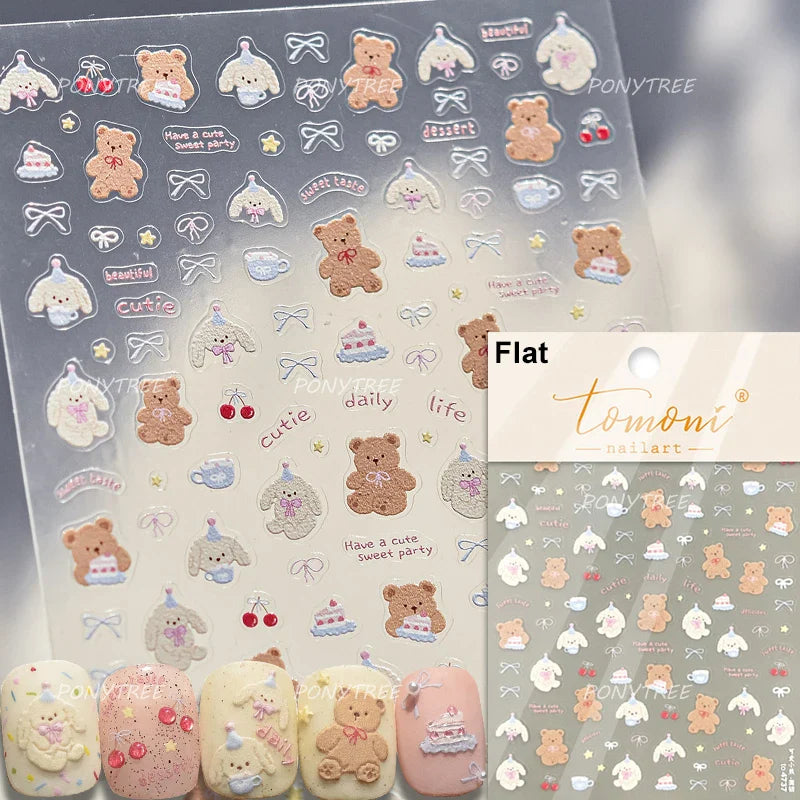 Lovely Bear Strawberry Cake Rose Flower Grid Block Bowknot Embossed Relief Self Adhesive Nail Art Sticker Cute 3D Manicure Decal (ONLINE ORDER ONLY)