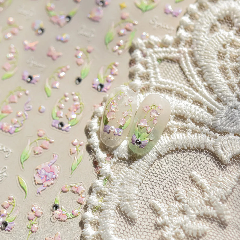 Lily of The Valley Star Spring Flower Bowknot Butterfly Water Bubbles Self Adhesive Nail Art Stickers Rhinestone Manicure Decals (ONLINE ORDER ONLY)
