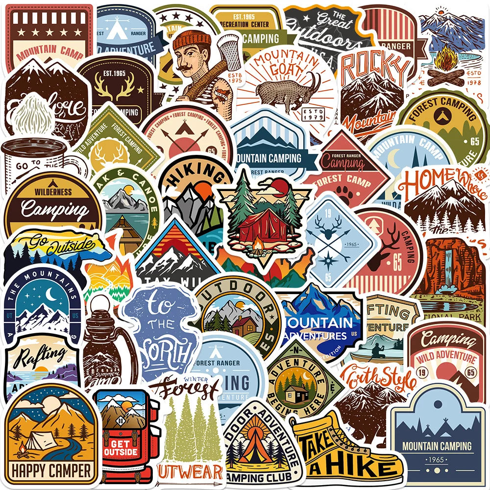 10/30/48PCS Camping Stickers Outdoor Travel Hiking Cartoon Decals DIY Laptop Scrapbook Phone Luggage Water Bottle Helmet Sticker (ONLINE ORDER ONLY)