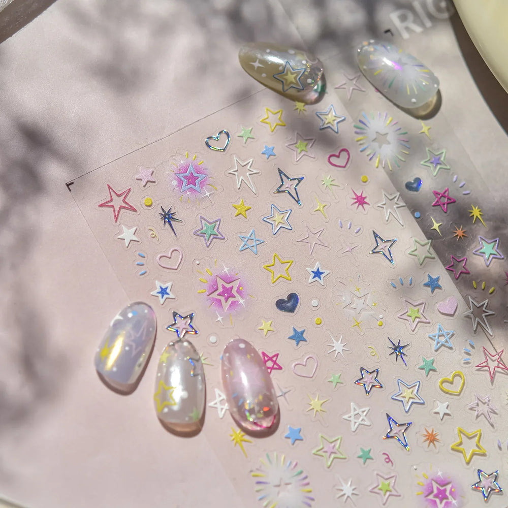 Colorful Starry Light Starburst Love Heart Halo Dyeing Soft Reliefs Self Adhesive Nail Art Decoration Stickers Manicure Decals (ONLINE ORDER ONLY)