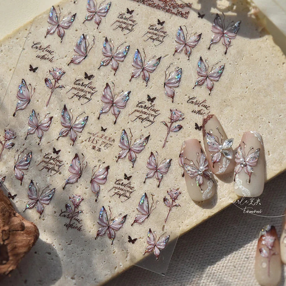 Butterfly Rose Laser Jelly Hot Stamping Lace Letter Flower Love Heart Bowknot 5D Self Adhesive Nail Art Stickers Manicure Decals (ONLINE ORDER ONLY)