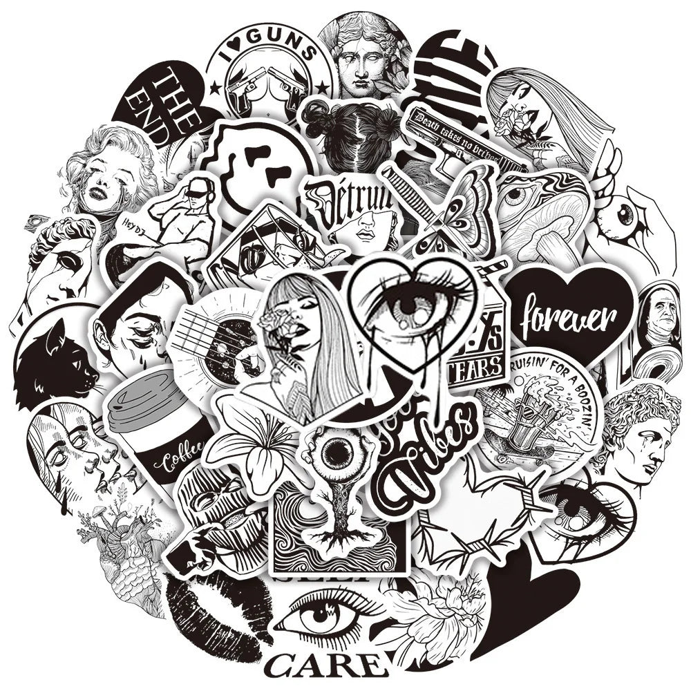 10/30/50PCS Graffiti Black and White Art Styling Stickers Laptop Luggage Phone Case Guitar Fridge Car Motorcycle Cool Ins Decals (Online Order Only)