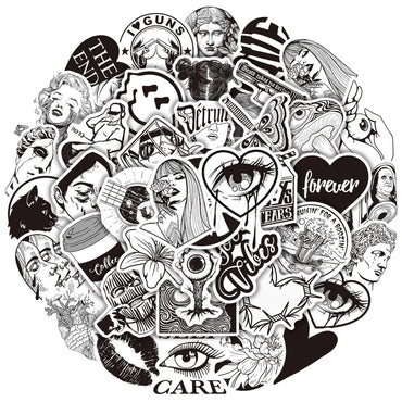10/30/50PCS Graffiti Black and White Art Styling Stickers Laptop Luggage Phone Case Guitar Fridge Car Motorcycle Cool Ins Decals (Online Order Only)