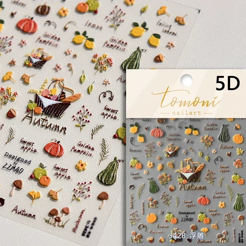Autumn Fall Maple Leaves Ginkgo Leaf Osmanthus Chrysanthemums Rabbit Bunny Plant Flower Relief Nail Art Sticker Decoration Decal (ONLINE ORDER ONLY)