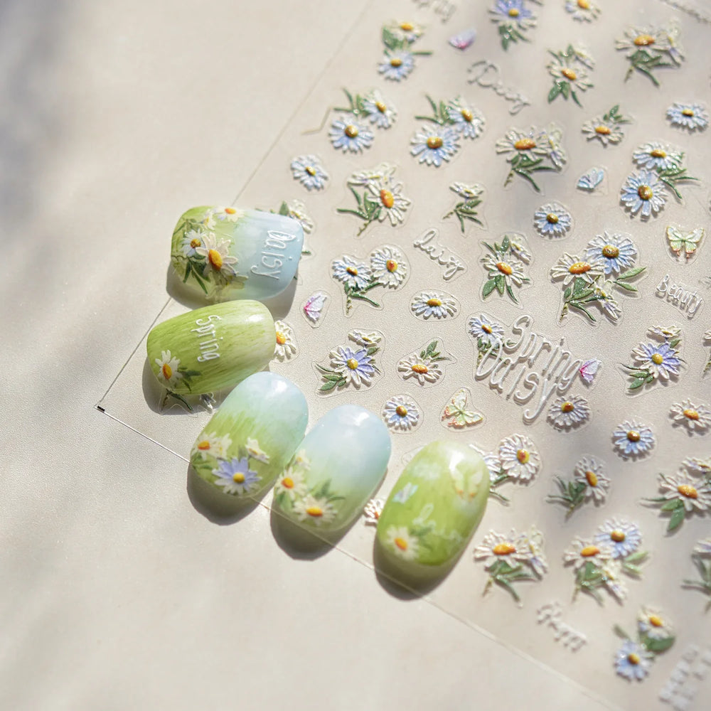 Rural Style White Daisy Flower Butterfly Small Wildflowers 5D Soft Embossed Relief Adhesive Nail Art Stickers 3D Manicure Decals (ONLINE ORDER ONLY)