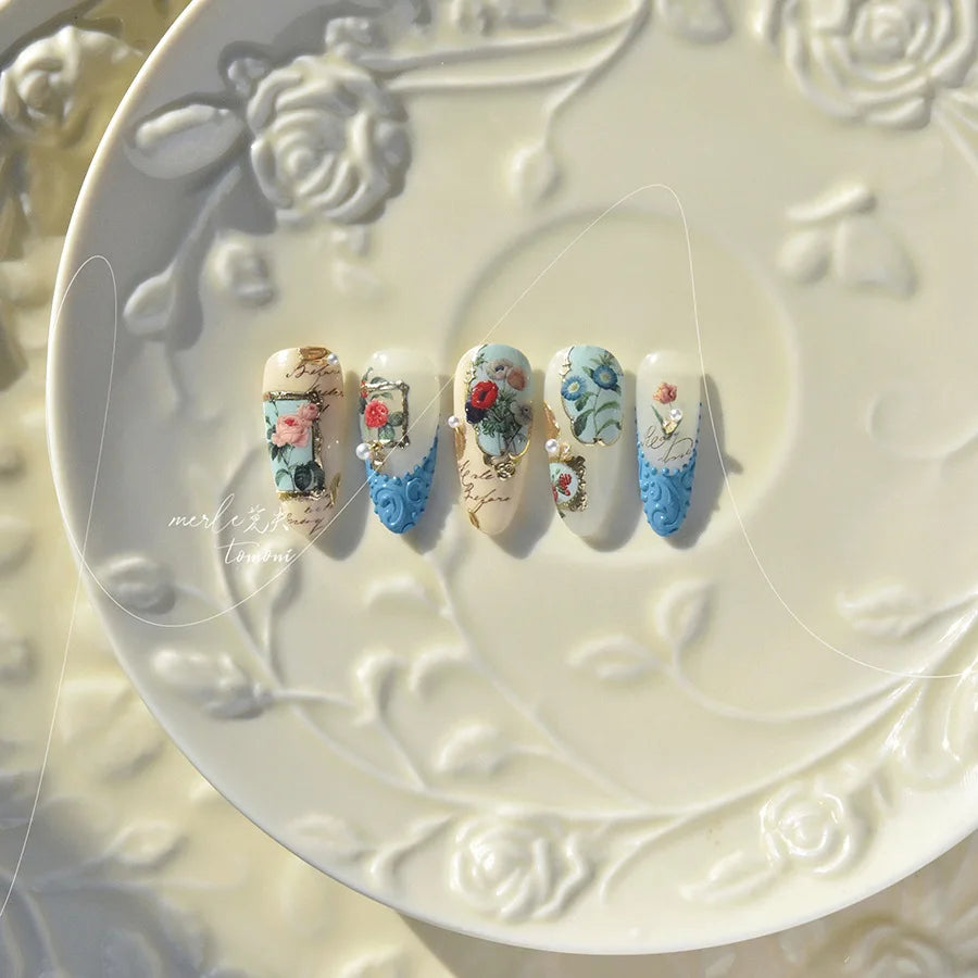 Chic Retro Rose Photo Frame Dried Flower Petal Self Adhesive Nail Art Stickers 5D Hot Stamping Relief Rhinestone Manicure Decals (Online Order Only)