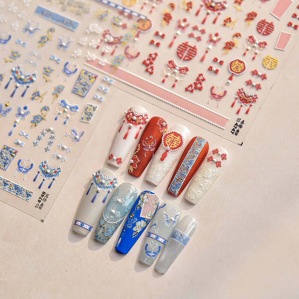 Embroidery Yunjin Brocade Tassels Bowknot Butterfly Flower Rose Camellia Adhesive Nail Art Stickers Rhinestone Manicure Decals (Online Order Only)