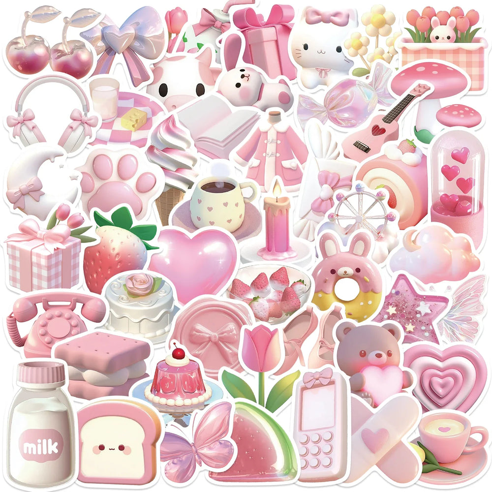 50PCS Pink Cartoon Stickers Cute Decals for Luggage, Skateboard, DIY, Graffiti (Online Order Only)