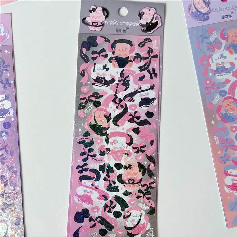6/8pcs Kawaii Ribbon Rabbit Decorative Sticker Set Girls Scrapbooking Idol Card DIY Diary Album Collage Material Korean Stickers (ONLINE ORDER ONLY)