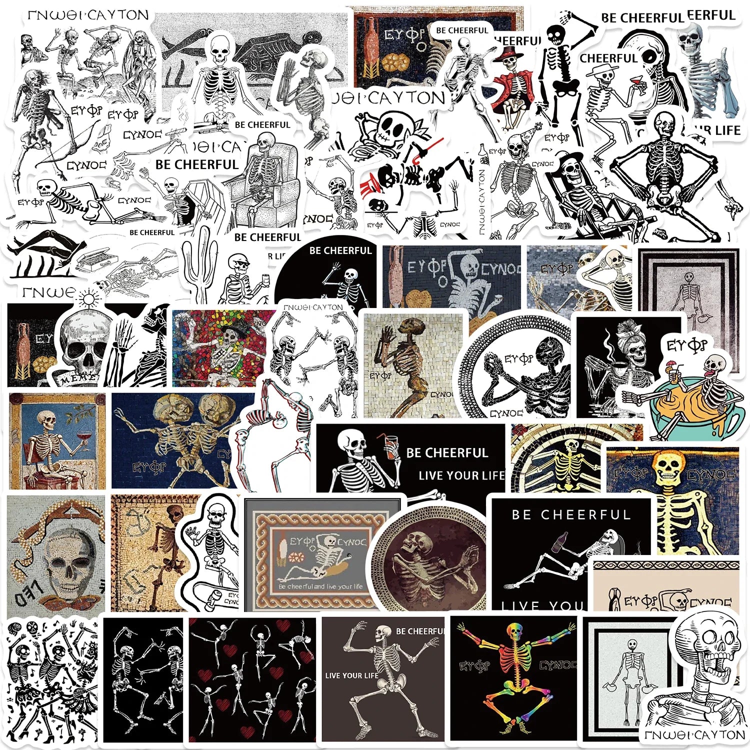 62pcs Ancient Greek Mosaic Canvas Stickers Funny Horrible Graffiti Decals Laptop Luggage Skateboard Motorcycle Scrapbook (ONLINE ORDER ONLY)