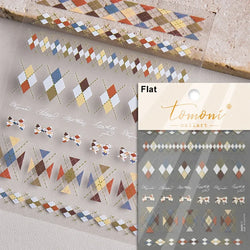 French Style Colorful Square Grid Rhombus Stripe Bowknot Line 3D Self Adhesive Nail Art Stickers Shiny Rhinestone Manicure Decal (Online Order Only)